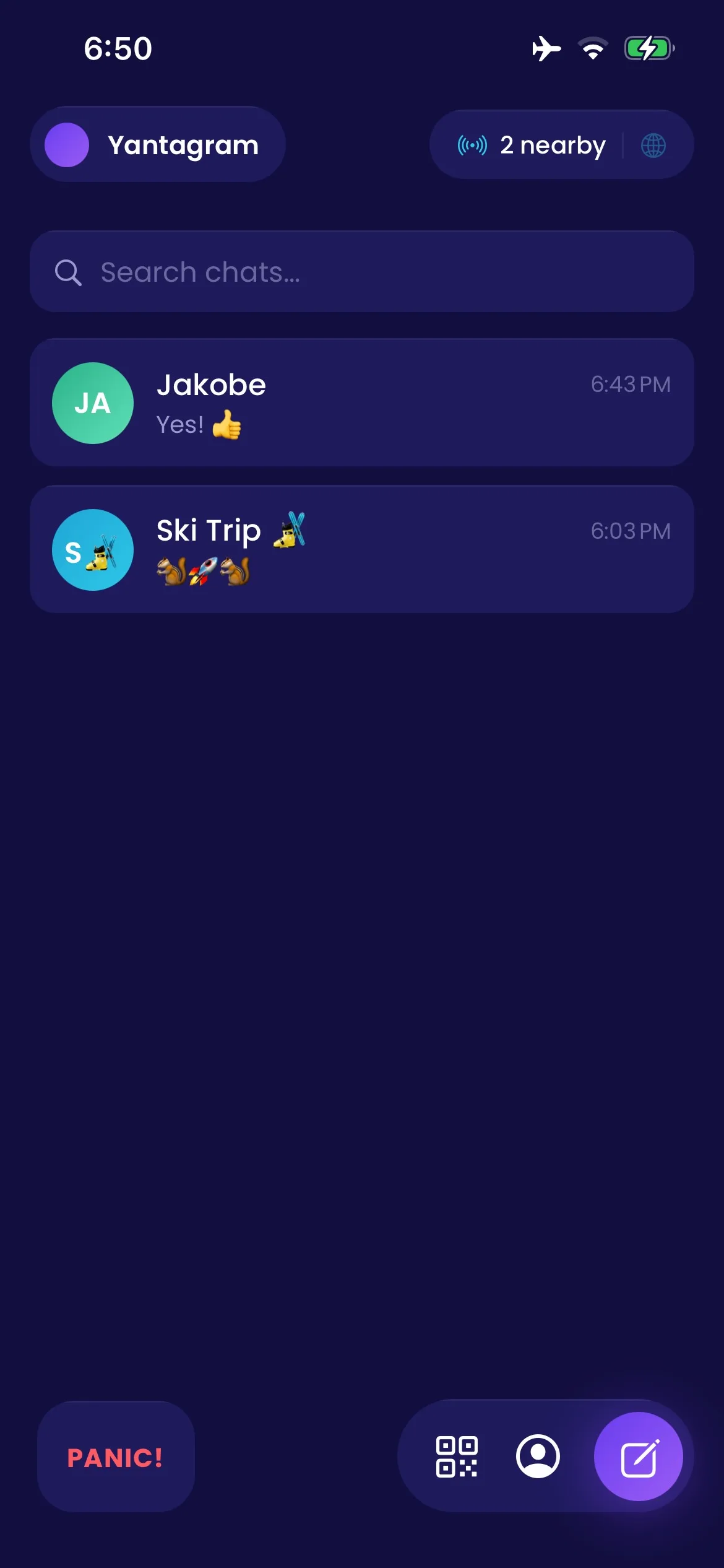 Yantagram chat list showing a direct chat and a group chat, with 2 people nearby over Bluetooth