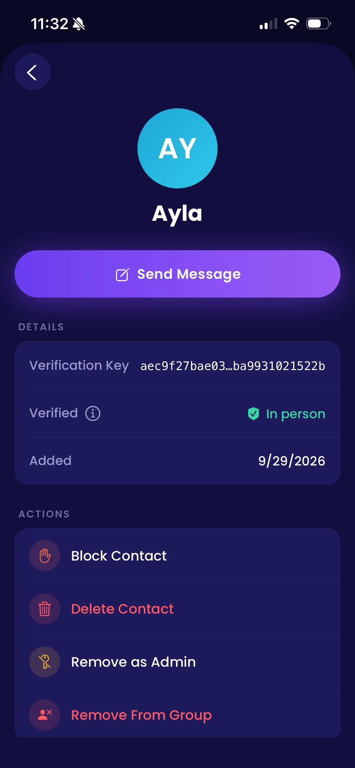 Yantagram contact details showing a verification key and a contact verified in person