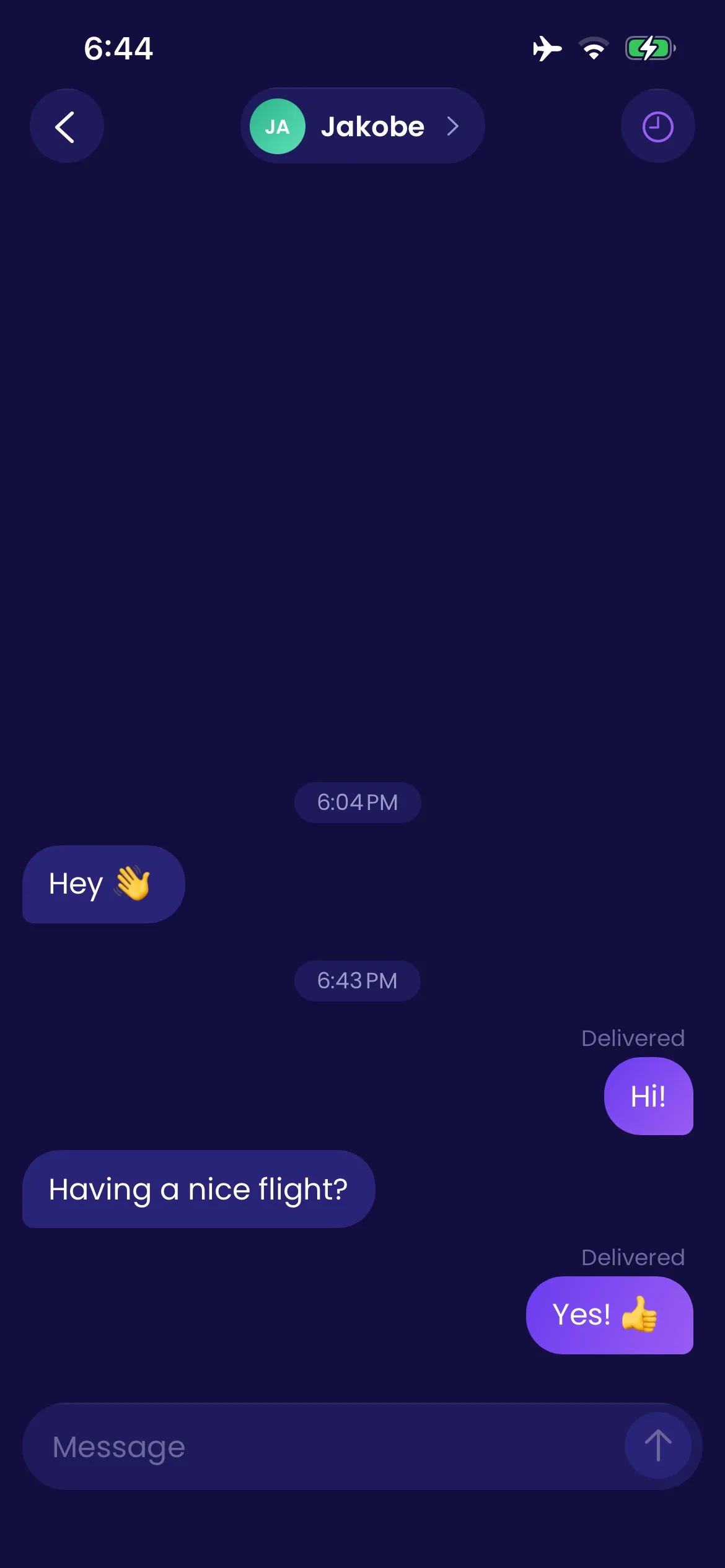 A Yantagram conversation sent while in airplane mode, with messages marked Delivered