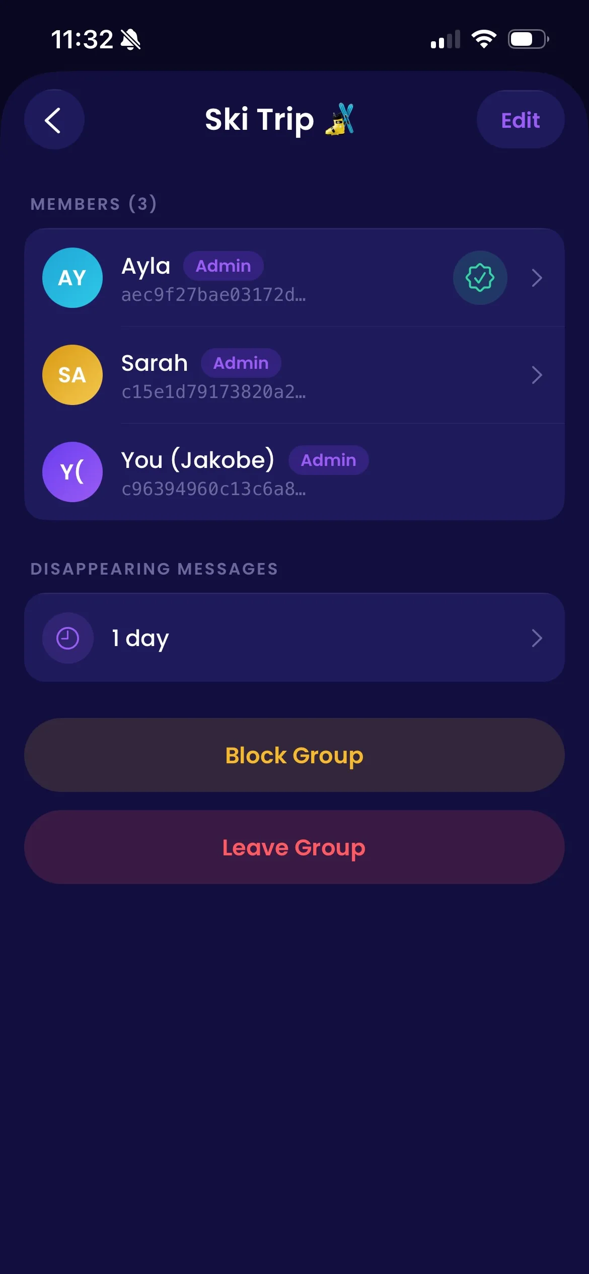 Yantagram group settings for a Ski Trip group with three admin members and 1 day disappearing messages