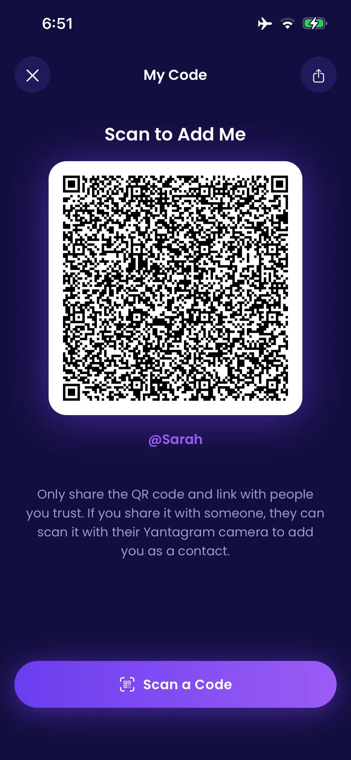 Yantagram My Code screen showing a QR code to scan to add a contact